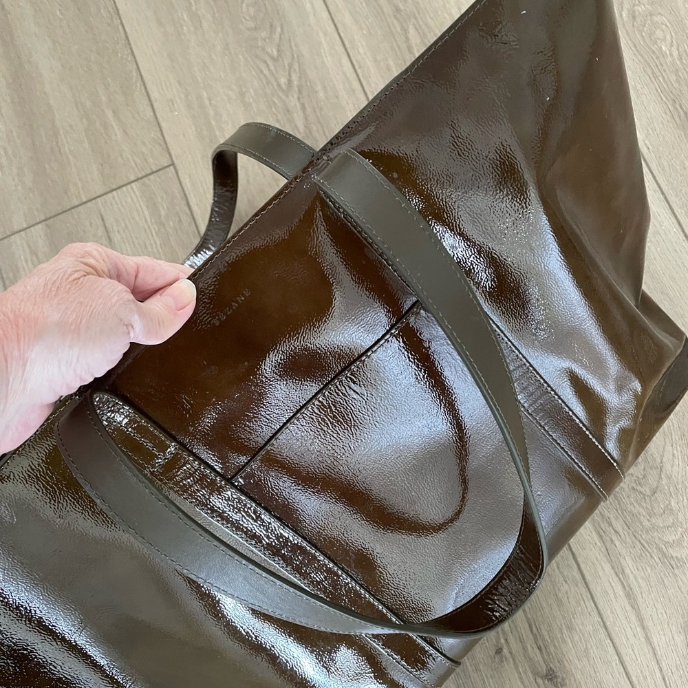 Sezane Shiny Khaki Patent Leather Tote Bag